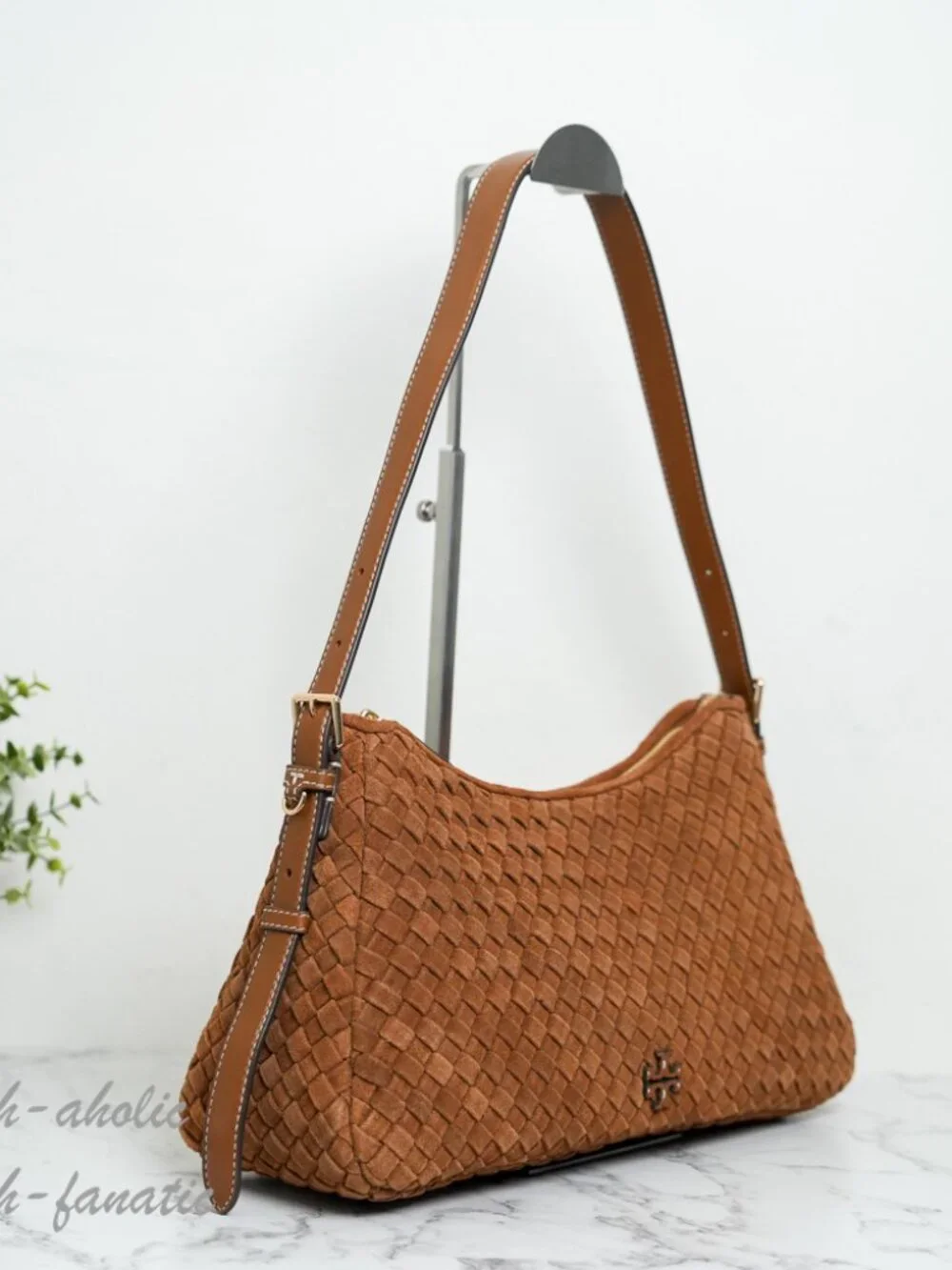 Tory Burch Thea Woven Suede Zip Top Shoulder Bag in Chicory Brown NWT